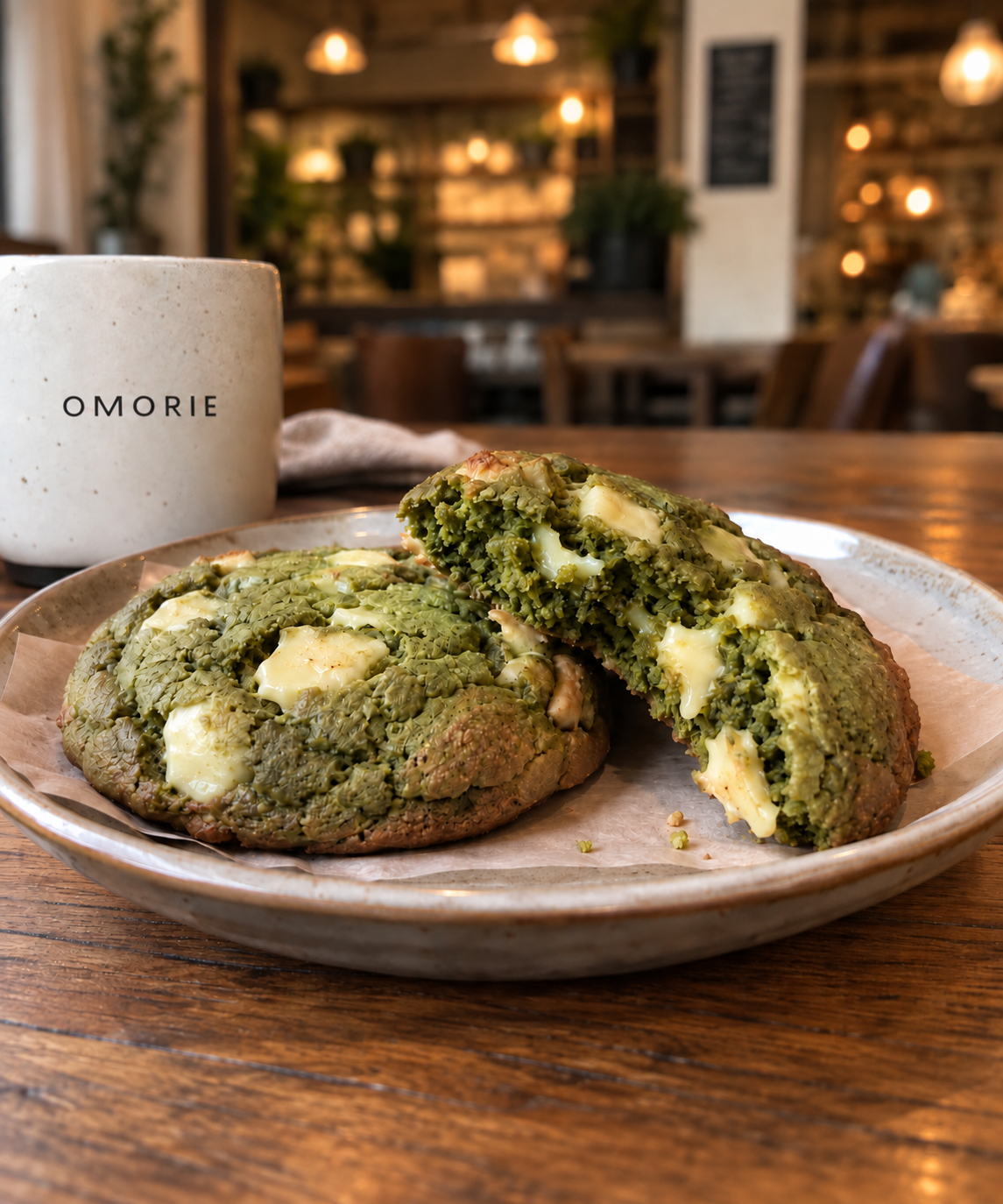 Matcha white chocolate cookies on a ceramic plate beside an Omorie mug.