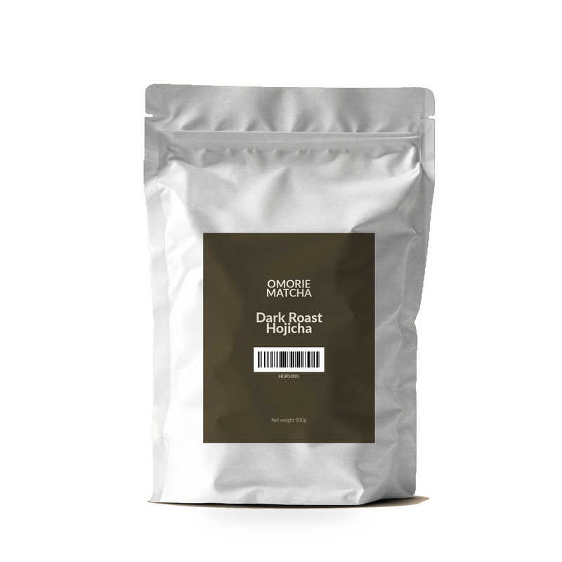 Omorie Dark Roast Hojicha 500g cafe bag — bold roasted hojicha powder for cafe lattes