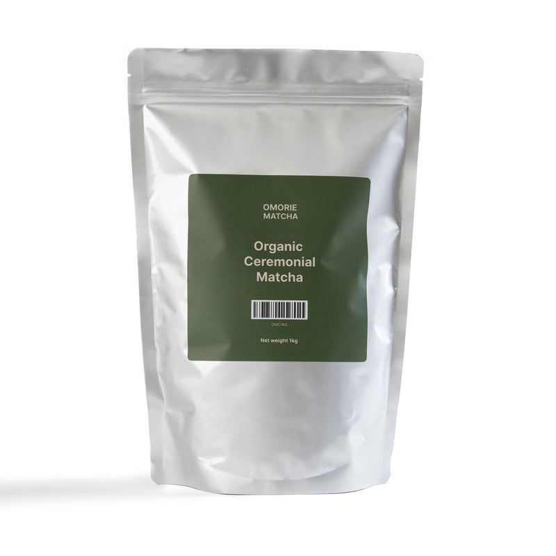Omorie Organic Ceremonial Matcha 1kg cafe bag — certified organic matcha powder for cafes
