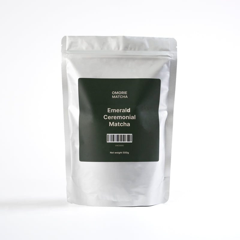 Omorie Emerald Ceremonial Matcha 500g cafe bag — premium vivid green matcha for cafe menus
