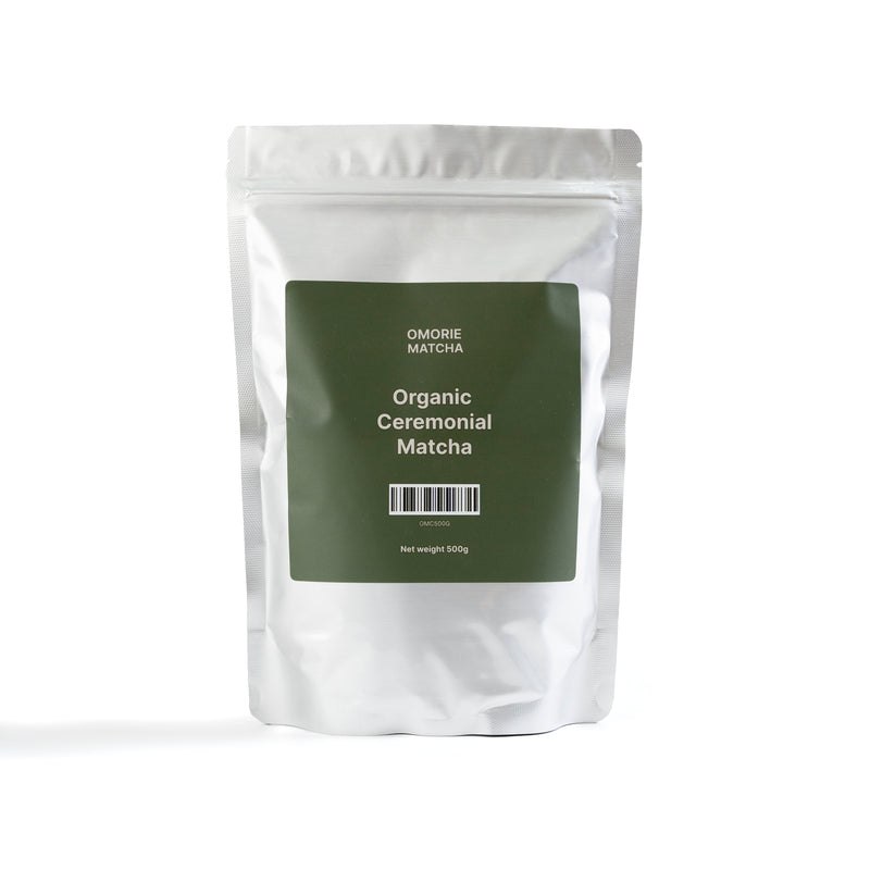 Omorie Organic Ceremonial Matcha 500g cafe bag — certified organic matcha powder for cafes