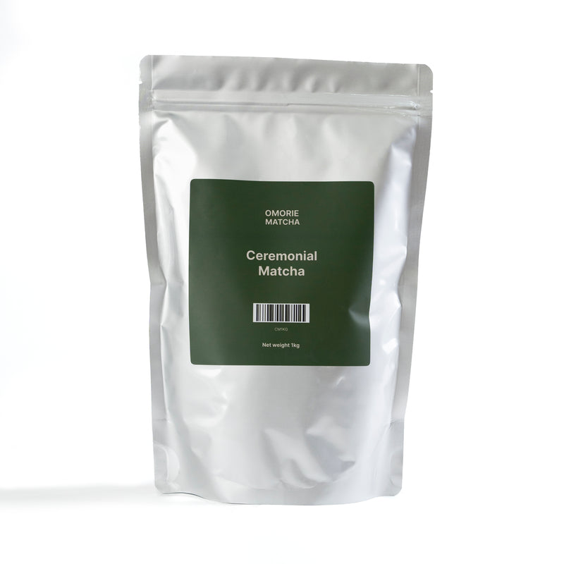 Omorie Ceremonial Matcha 1kg cafe bag — bulk ceremonial grade matcha powder for high-volume cafes