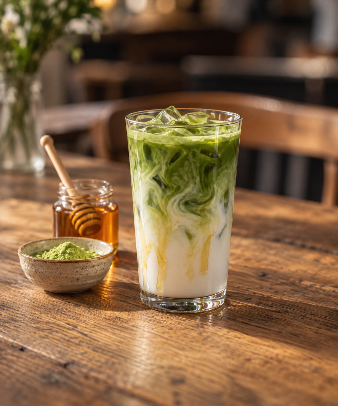 Iced honey matcha latte beside wildflower honey and a bowl of matcha on a wooden café table.