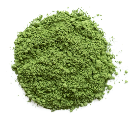 Chinese matcha green tea powder from Omorie on a white background