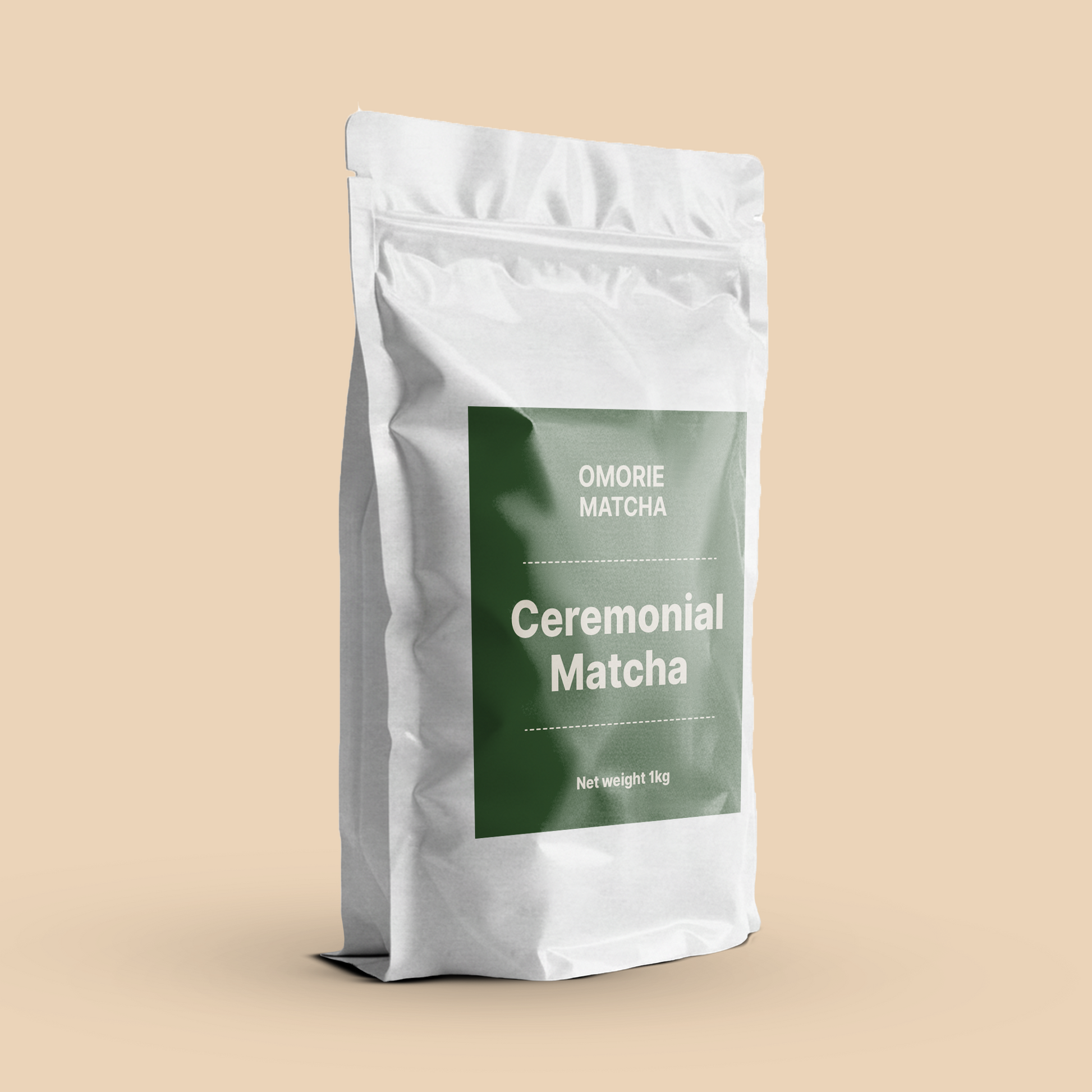 Omorie Matcha ceremonial matcha powder packaged in a 1kg cafe bag, side view
