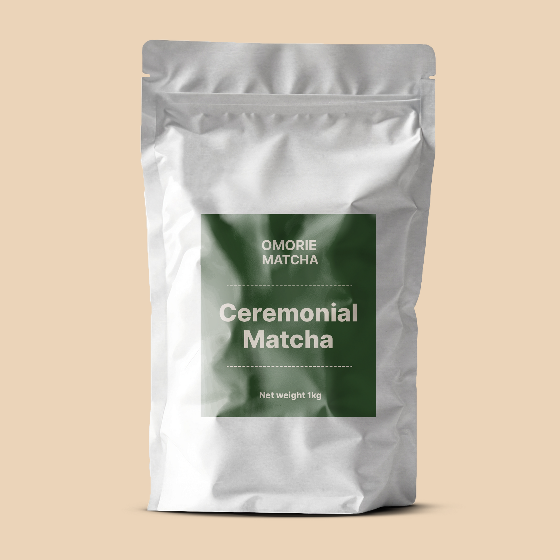 Omorie Matcha ceremonial matcha powder packaged in a 1kg cafe bag