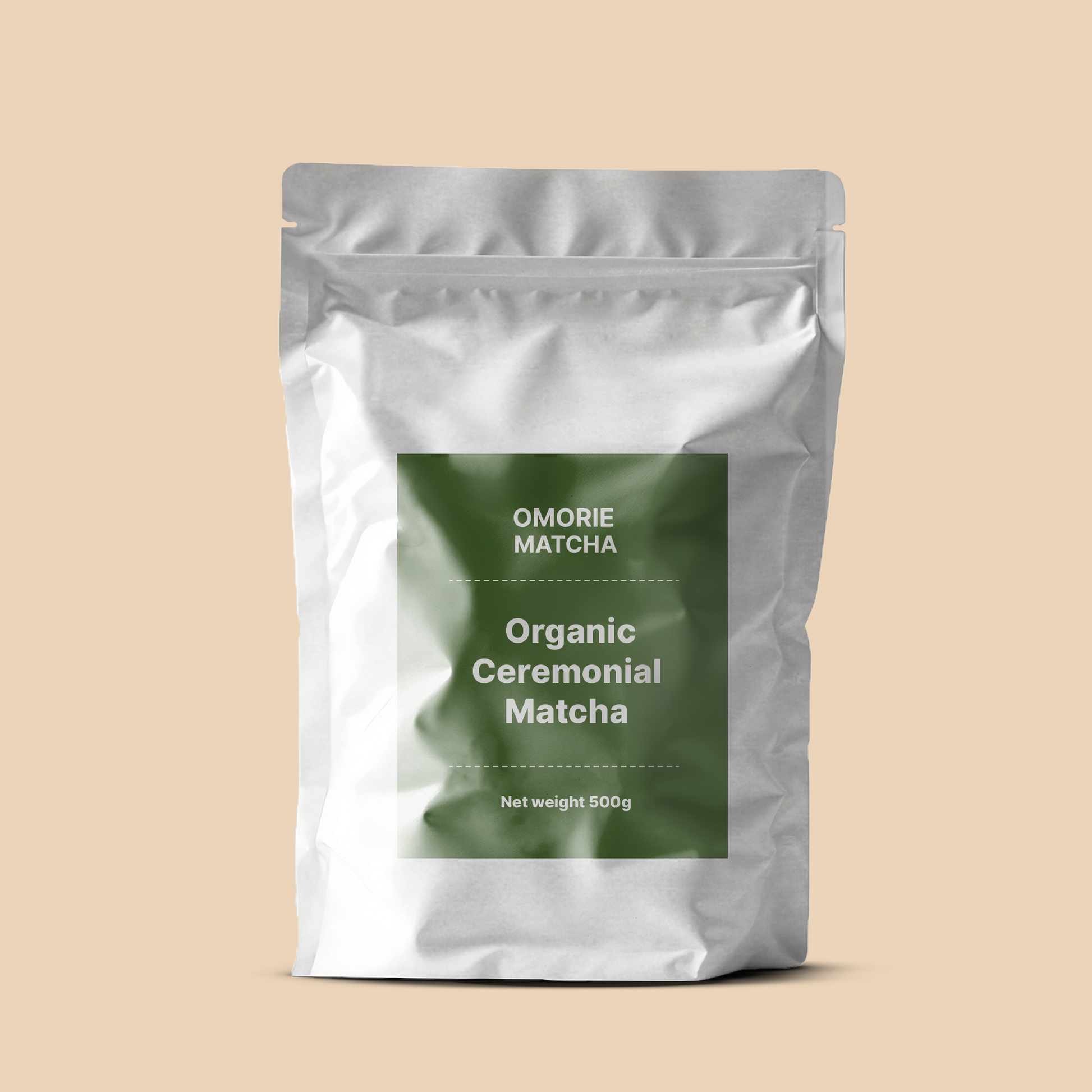 Omorie Matcha ceremonial matcha powder packaged in a 500g cafe bag