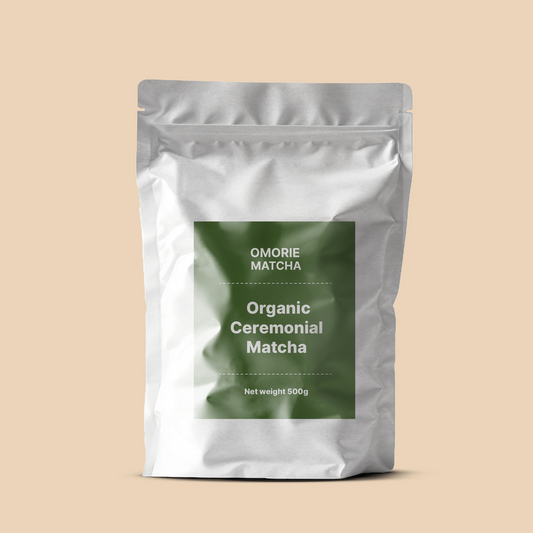Omorie Matcha ceremonial matcha powder packaged in a 500g cafe bag