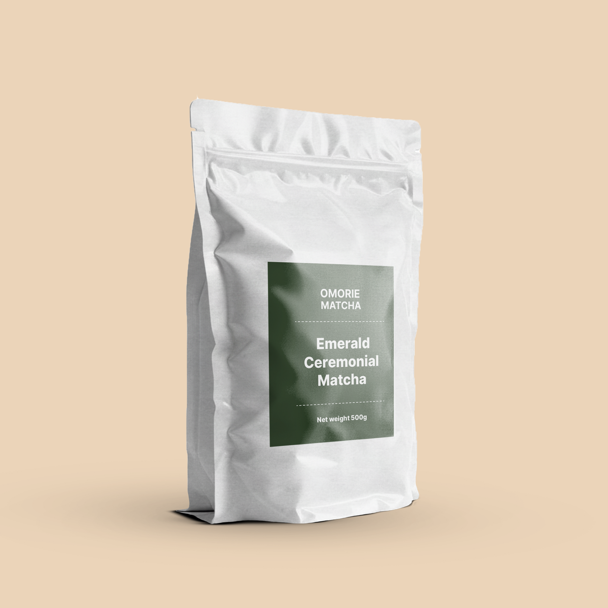 Omorie Matcha emerald ceremonial matcha powder packaged in a 500g cafe bag, side view