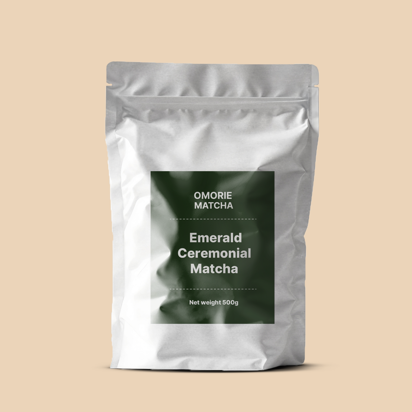 Omorie Matcha emerald ceremonial matcha powder packaged in a 500g cafe bag