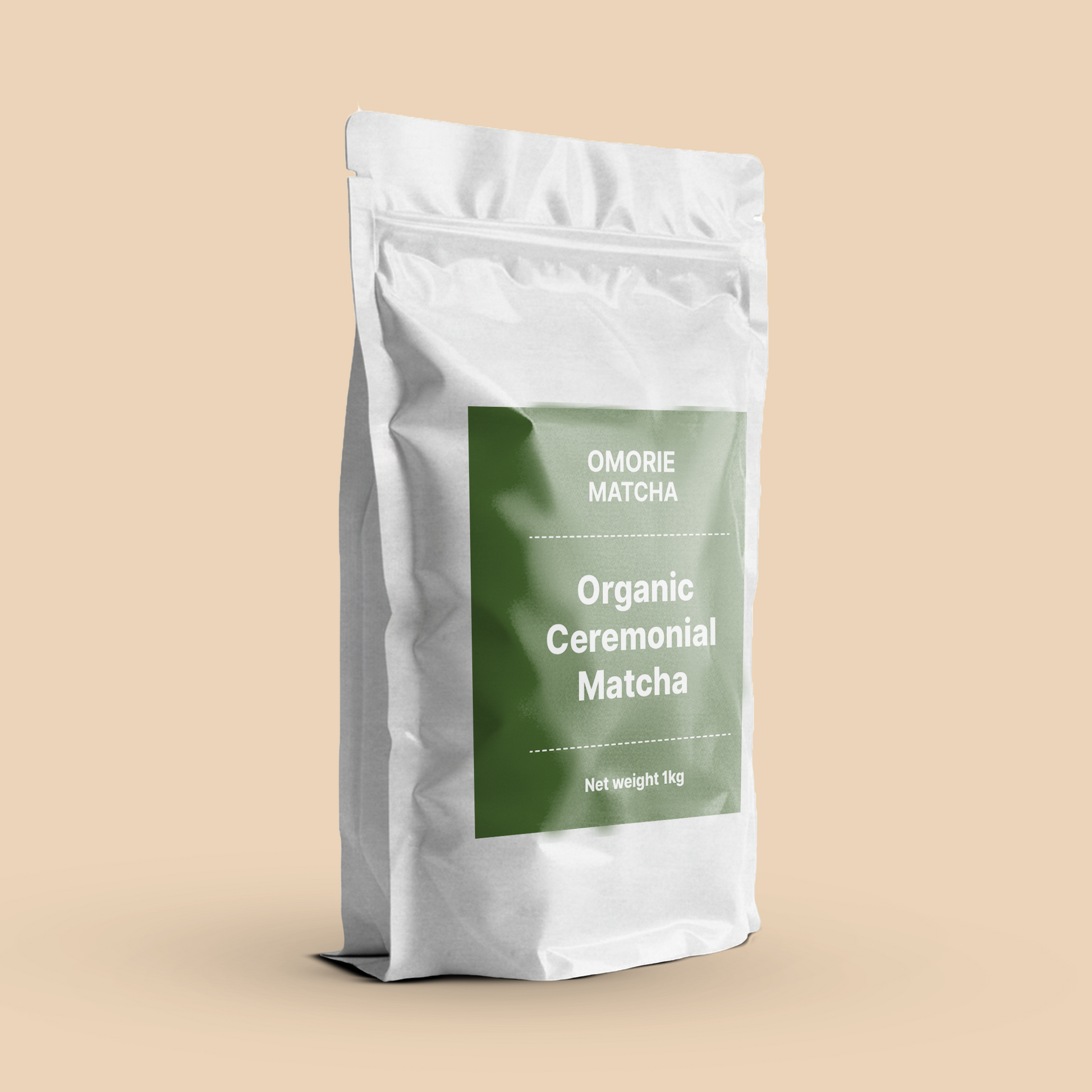 Omorie Matcha organic ceremonial matcha powder packaged in a 1kg cafe bag, side view