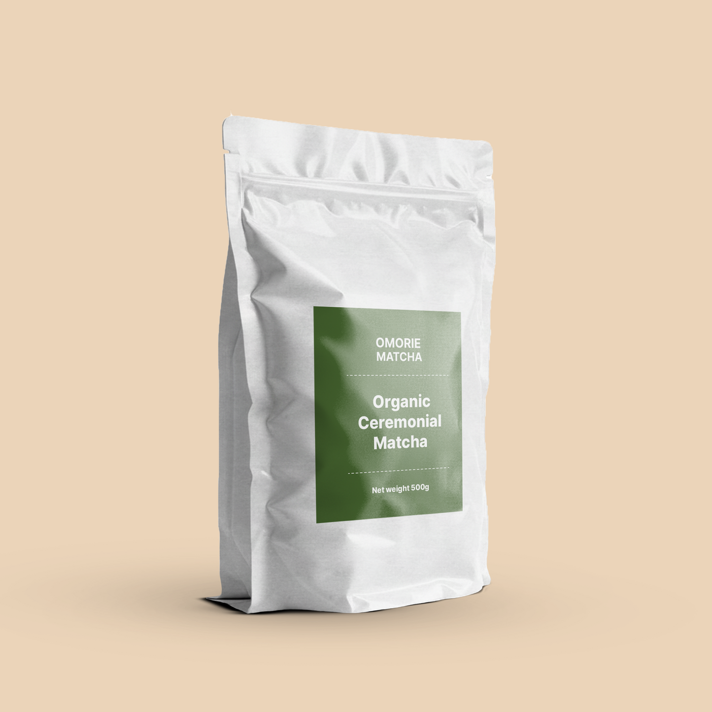 Omorie Matcha organic ceremonial matcha powder packaged in a 500g cafe bag, side view
